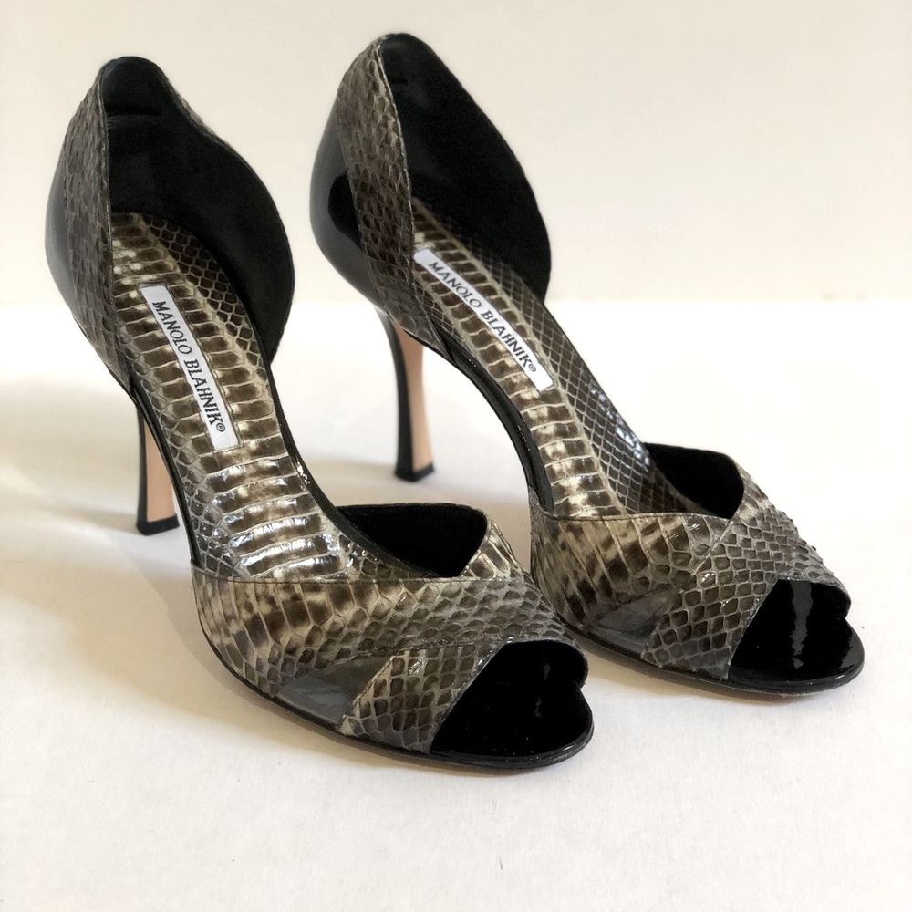 Manolo Blahnik Croc Grey Beige Peep Toe Pumps